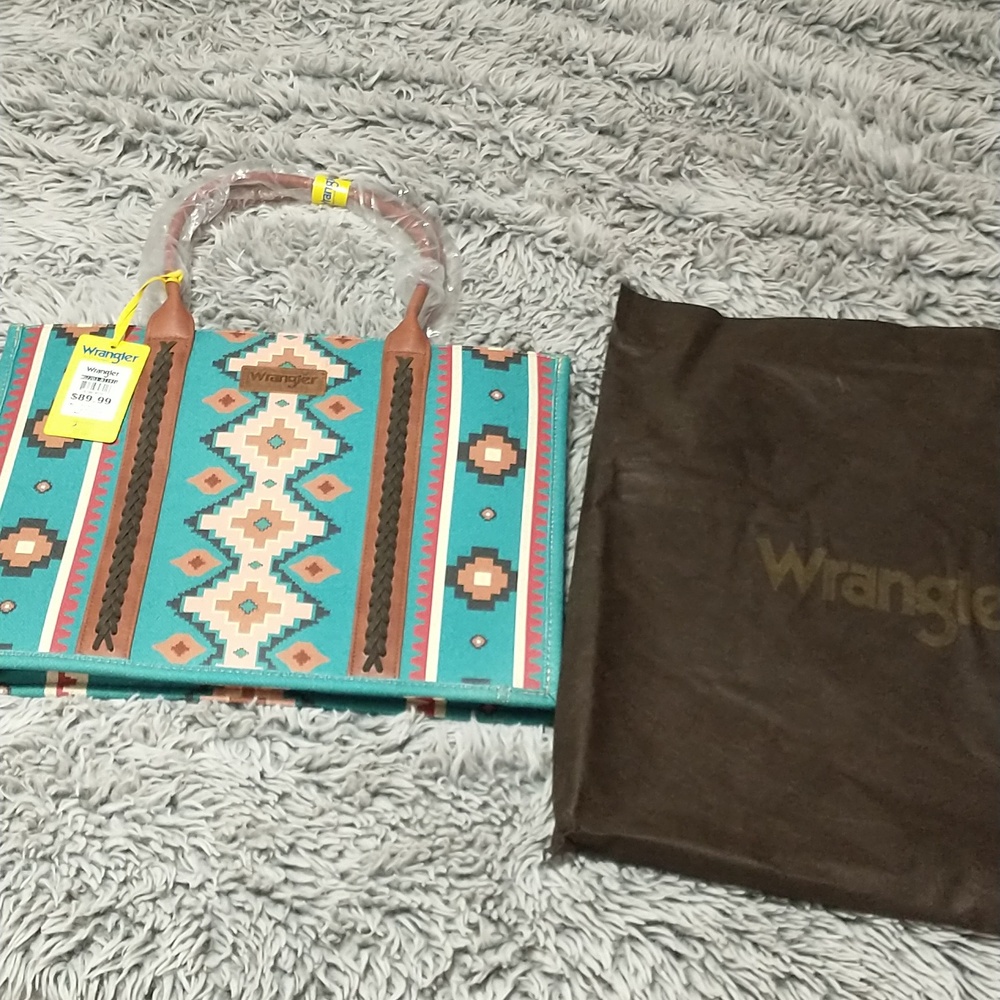 Wrangler Turquoise Aztec-Pattern Large Tote with Brown Trim - Picture 2 of 7